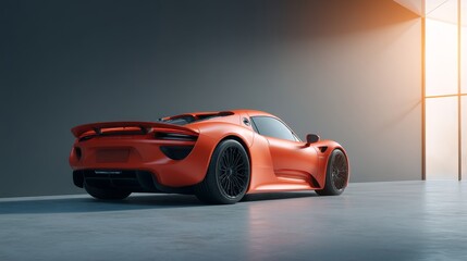 Sleek orange sports car parked in modern interior with dramatic lighting.