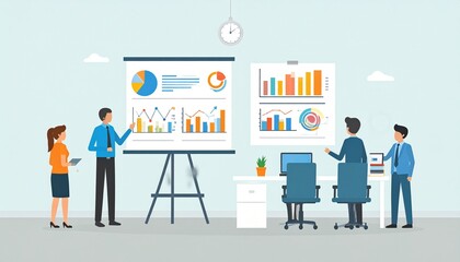 Fototapeta premium Business Meeting with Team Analyzing Graphs and Charts in Modern Office Environment with Presentations and Digital Devices