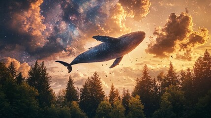 Fototapeta premium 65. Cosmic whale swimming through a galaxy sky above forest