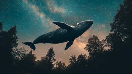 65. Cosmic whale swimming through a galaxy sky above forest