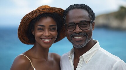 Couple smiles by the water