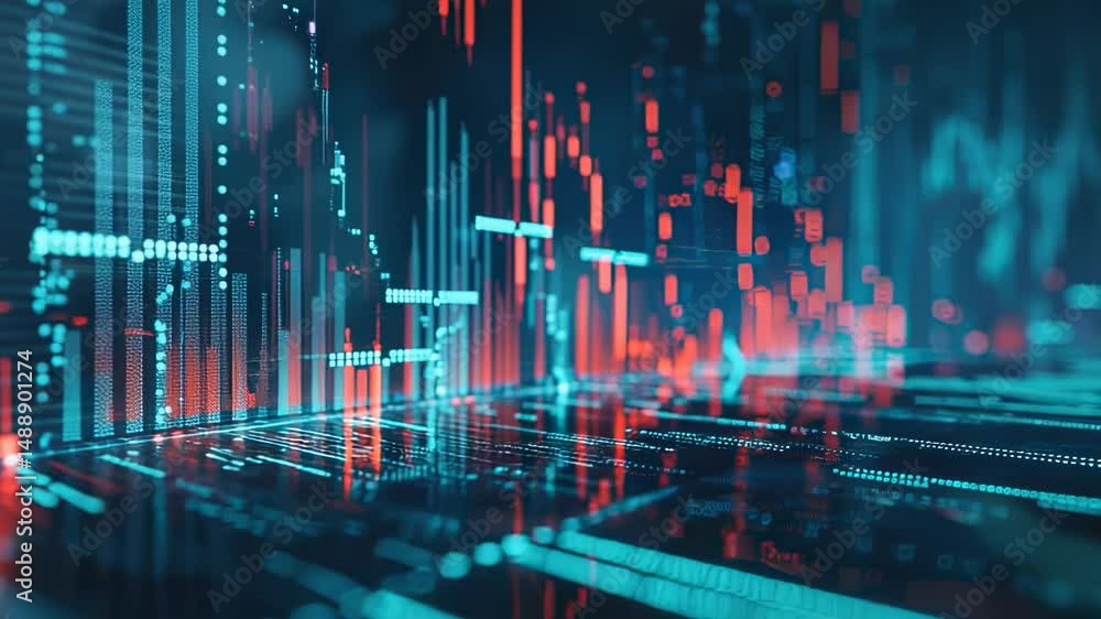 Poster abstract financial data visualization with glowing lines and charts in red and blue