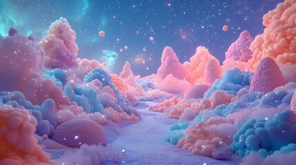 87. Nighttime dreamland of candy-colored clouds and stars