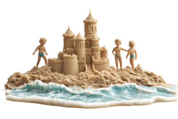 Building sandcastles at the beach with family on a sunny day with waves gently rolling in