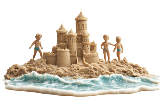 Building sandcastles at the beach with family on a sunny day with waves gently rolling in