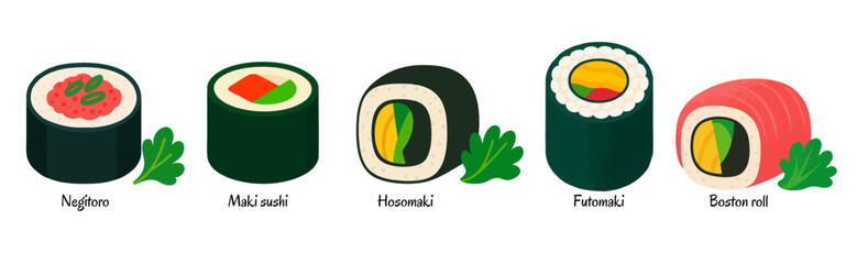 Vector sushi roll set illustration: negitoro, maki sushi, hosomaki, futomaki, boston roll © Kate
