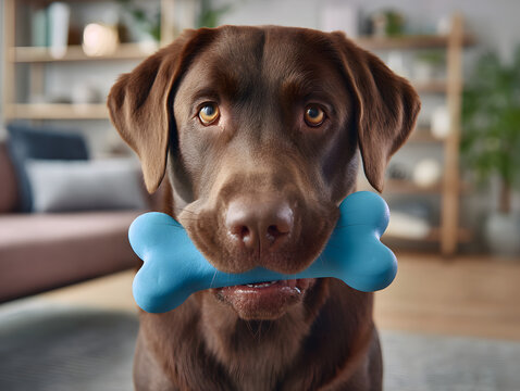 Chocolate Labrador Holding Blue Bone Toy in The Living Room