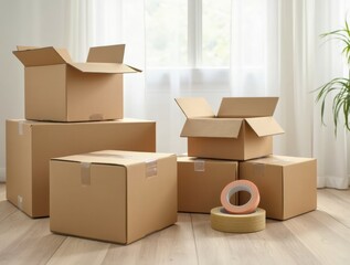Various moving boxes, some open with packing tape and bubble wrap, in a bright room, signifying the active process of packing for a move