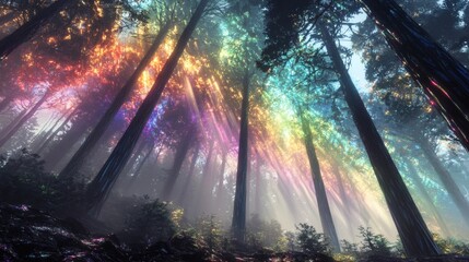 114. Rainbow fog swirling through glass forest canopies