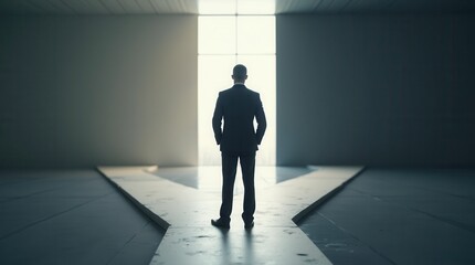 European businessman at a symbolic crossroads in a modern office, facing an ethical business choice between a bright path and a dark one
