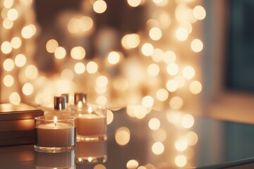 Soft bokeh lights create an elegant atmosphere around a stylish vanity table with candles and warm decorative elements in a cozy space
