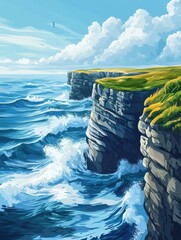 Seaside cliff with crashing waves under a dramatic sky and vast horizon at summer