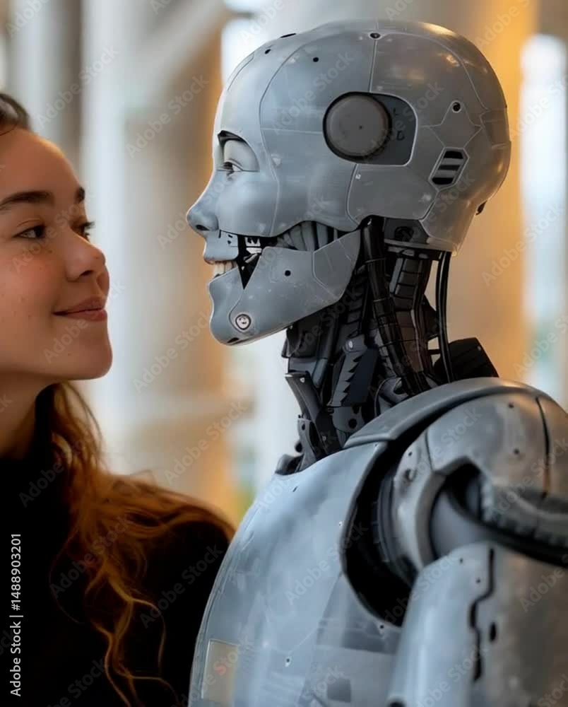 Poster young woman smiling at a humanoid robot with visible mechanics in an indoor setting close up view