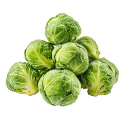 Fototapeta premium Fresh brussel sprouts stacked on a white background, showcasing their vibrant green color and texture, Group of Brussel Sprouts isolated on white background