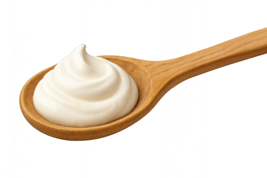 Wooden spoon with white cream, curved handle and smooth texture, isolated on transparent background.
