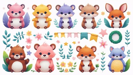 Fototapeta premium Cartoon animals and floral elements isolated on a white background