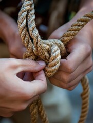 Scouts engaged in knot tying workshop showcasing hands expertly tying ropes in an educational setting with a focus on skill development and teamwork