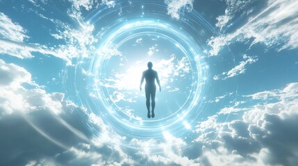 145. Floating figure surrounded by energy rings in open sky