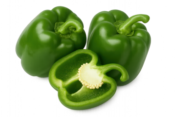 green peppers, varying in size, stacked vertically, isolated on transparent background.