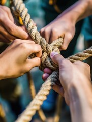 Scouts practice knot tying skills during an educational training session, focusing on hands and ropes for mastery of essential outdoor techniques