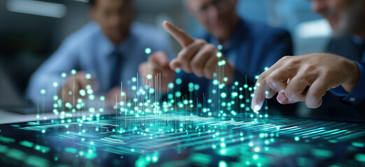 Hands interacting with glowing digital data visualization.