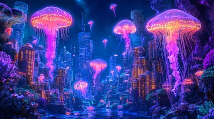 8. Vibrant underwater city surrounded by glowing coral and drifting jellyfish