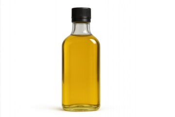 A clear glass bottle of olive oil with a silver cap and yellow label, isolated on a transparent background.