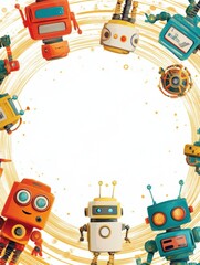 Explore preschool learning with colorful cartoon robots and gadgets in a vibrant tech-themed background designed for creativity and engagement