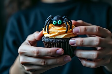 Woman holding Halloween-themed cupcake with spider decoration  