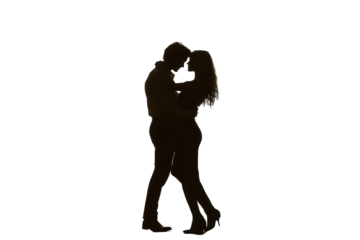 Couple embracing in silhouette against a transparent background with flowing fabric in motion, creating a romantic atmosphere