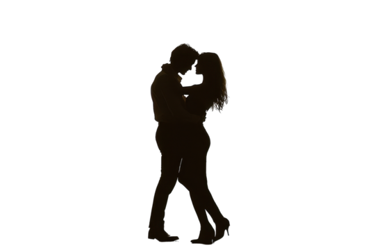 Couple embracing in silhouette against a transparent background with flowing fabric in motion, creating a romantic atmosphere
