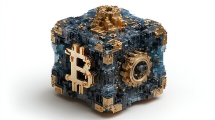 Futuristic Digital Currency Cube with Bitcoin Symbol and Gear Mechanism for Technology and Fina
