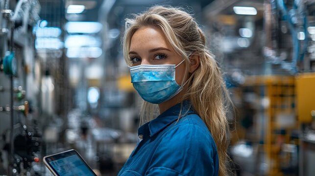 A young woman in a factory, wearing a mask and holding a tablet. She looks directly at the camera. The background is blurred, showing industrial equipment