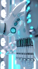 Robotic facial treatment in a futuristic sterile environment with advanced technology and soothing blue lights for aesthetic enhancement