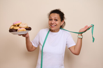Woman Holding Plate of Sweet Donuts and Tape Measure Expressing Diet Choices