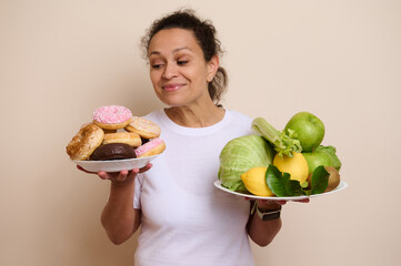 Woman Contemplating Between Healthy Fruits and Sweet Doughnuts Demonstrating Choice