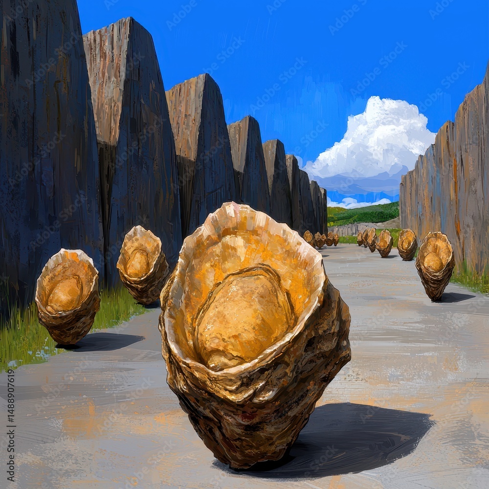 Poster surreal tan shell forms on paved path between gray stone walls under