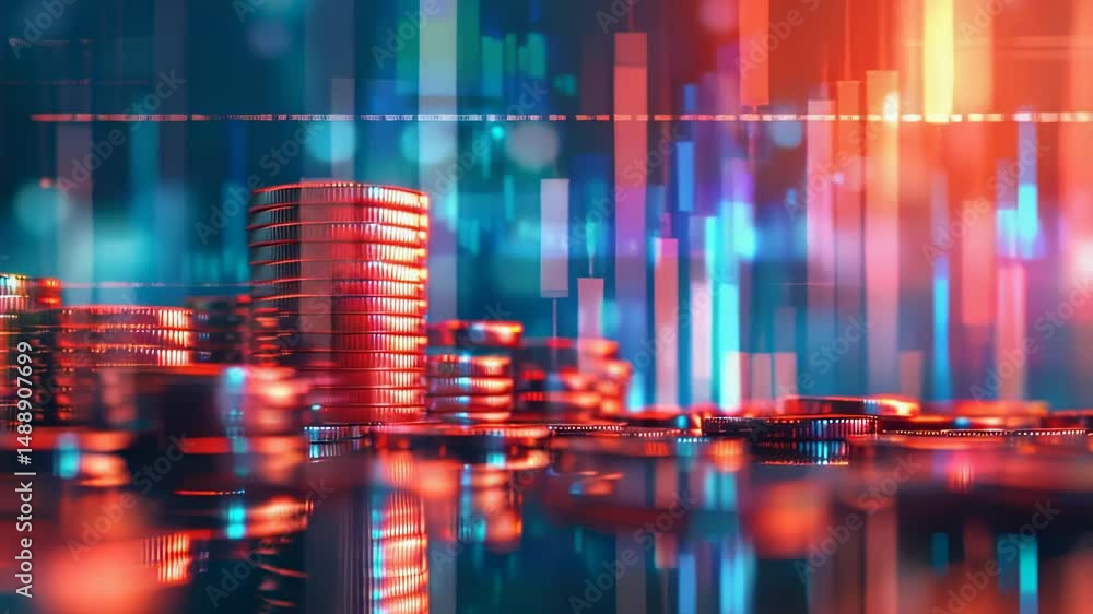 Poster abstract financial visualization with stacks of coins and glowing data charts