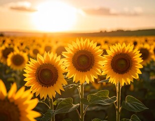 Fototapeta premium A field of sunflowers gently swaying in the wind at sunset