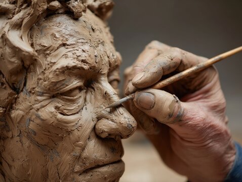 Sculptor's hands meticulously refine a clay bust, adding subtle details to the weathered face. The earthy tones and textured surface create a powerful image.