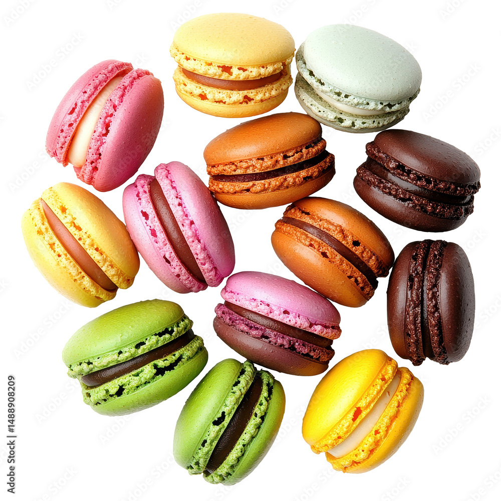 Poster colorful macaroons arranged in a circular pattern on a transparent background showcasing delightful 