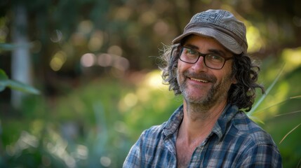Portrait of smiling man with glasses and cap in garden wearing blue plaid shirt outdoors in daylight