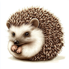 Obraz premium A charming illustration of a hedgehog with tan and brown spines, clutching its paws, set against a clean, bright white backdrop.
