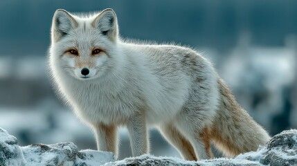 A pristine white fox standing on snowy rocks showcasing its natural beauty in a winter wonderl