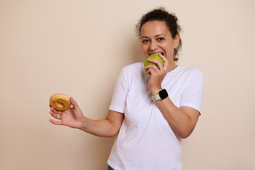 Woman Making a Choice Between Healthy Fruit and Sugary Doughnut