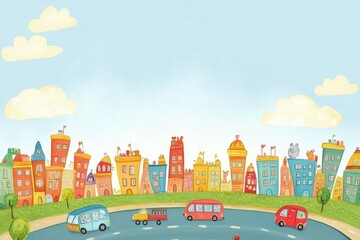 Cheerful preschool city with colorful buildings and lively vehicles on a winding road under a clear sky inviting creativity and imagination