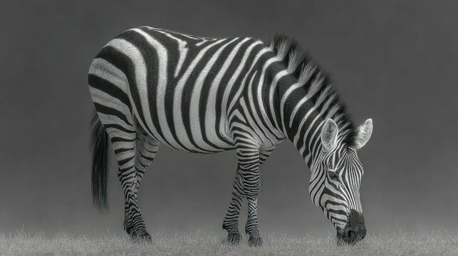 A striking black and white zebra grazing in a serene environment showcasing its unique stripes