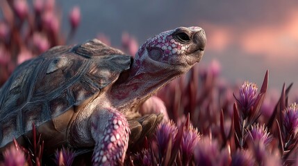 A turtle amidst vibrant flowers showcasing natures beauty and tranquility in a serene outdoor