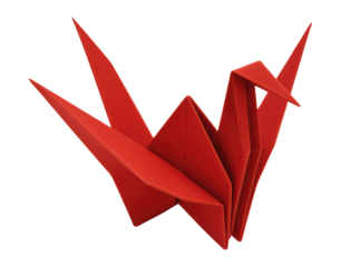 Vibrant Red Origami Crane with Intricate Angular Folds, Symbolizing Elegance and Traditional Japanese Paper Art, Isolated on Transparent and White Background