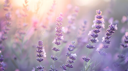 Obraz premium A field of lavender flowers in soft focus with a gentle pink and purple background light effect